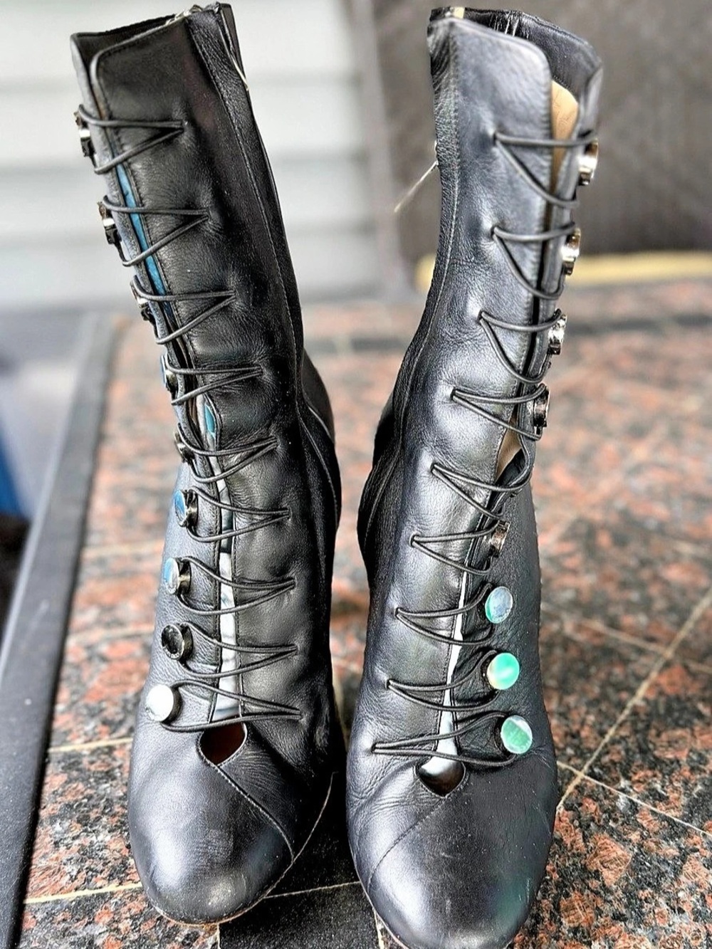 Jimmy Choo Black Leather Knee High Boots Size 40 Italy High Heel Lace Up Studs